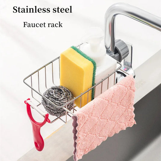 Stainless Steel Faucet Storage Rack, Sponge Holder, Adhesive Sink Caddy Organizer