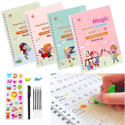(Pack of 4) Magic Practice Copybook for Kids, Children Reusable Handwriting Practice Copy Books for Preschools Magic Workbook Letter Writing Book