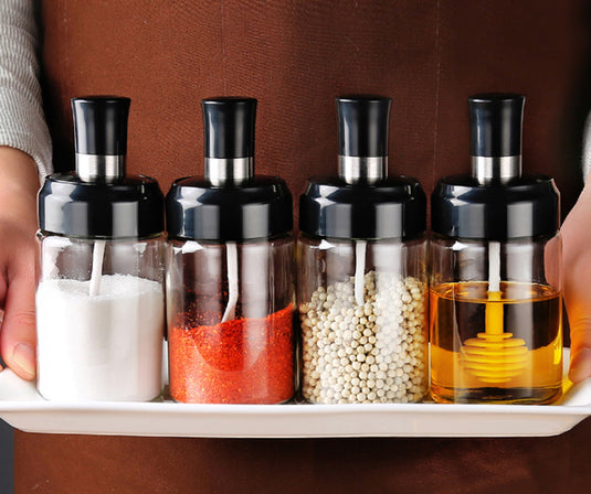 (pack of 3) Glass Seasoning Tank Kitchen Spice Kit Bottles Pepper Spoon Seasoning Jars Oil Brush Honey Container Food Storage Container