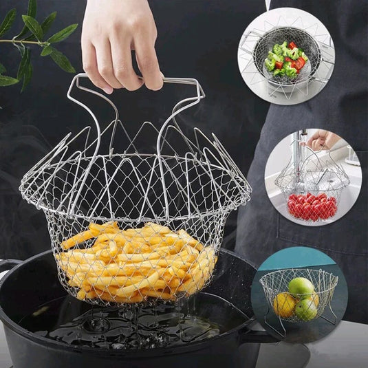 Folding Chef Basket 12 in 1 Kitchen Tool Deluxe Boiler, Steamer, Strainer & Frying
