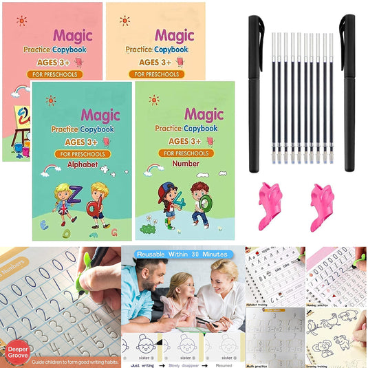 (Pack of 4) Magic Practice Copybook for Kids, Children Reusable Handwriting Practice Copy Books for Preschools Magic Workbook Letter Writing Book