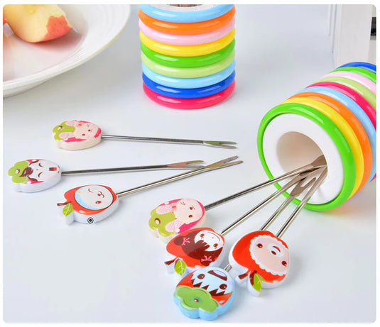 Cute Set of 6 Fruit Forks with Holder Stainless Steel Food Pick Forks for Kids Home (Mix Cartoon)