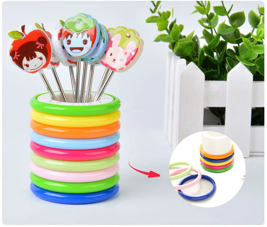 Cute Set of 6 Fruit Forks with Holder Stainless Steel Food Pick Forks for Kids Home (Mix Cartoon)