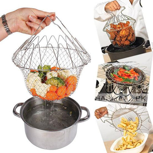 Folding Chef Basket 12 in 1 Kitchen Tool Deluxe Boiler, Steamer, Strainer & Frying