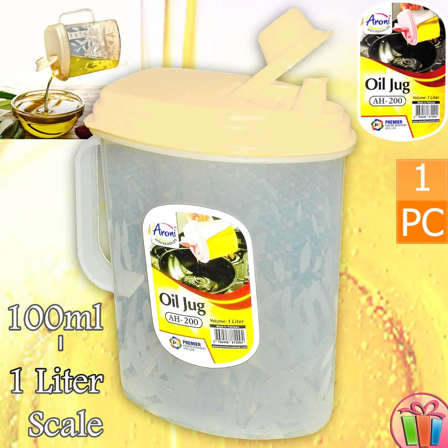 Oil Jug Plastic (1 Liter) Plastic Oil Jug High quality beautiful design, Cooking Essentials Multicolor
