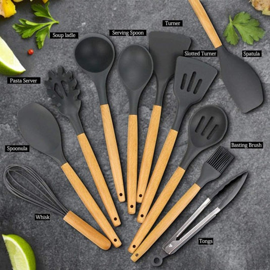 Imported Original Bamboo 12pcs Silicone Utensil Spoon Set With Wooden Handle