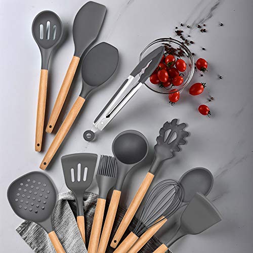 Imported Original Bamboo 12pcs Silicone Utensil Spoon Set With Wooden Handle