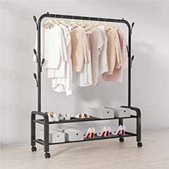 Black/white Color Clothes Dryer Rack With 2 Layer Shoes Racks Shelves / Removable Coat Dress Hanger Stand With Wheels