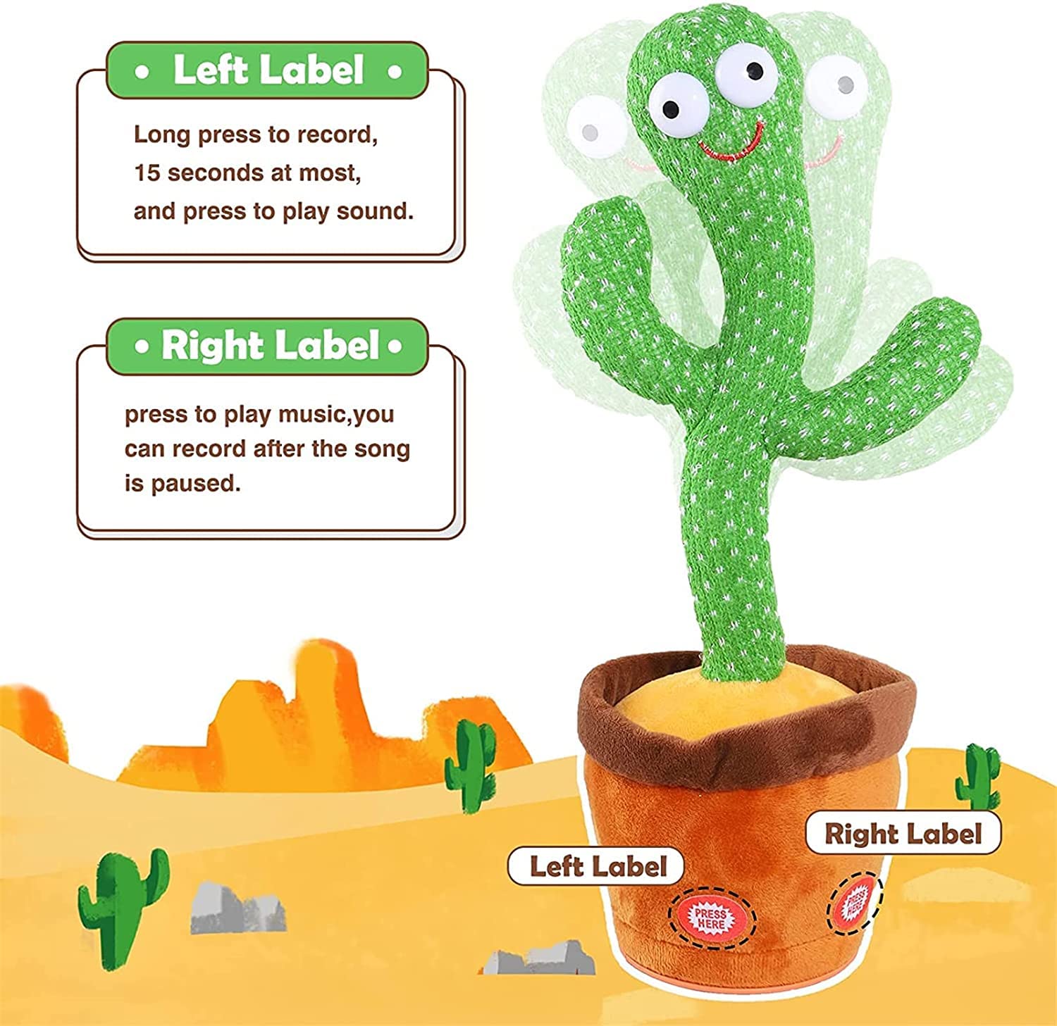 Dancing Cactus Toy with Recording - Rechargable /Cell Operated Plush Funny Electronic Shaking Cactus Singing Dancing