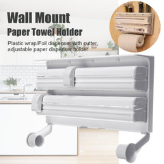 Wall mounted 3 in 1 Triple Paper Dispenser, Tissue Holder Preservative Film Rack Cloth Paper Foil Storage Organizer triple tissue dispenser