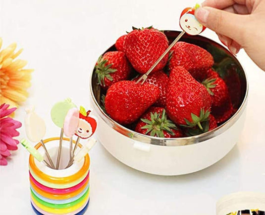 Cute Set of 6 Fruit Forks with Holder Stainless Steel Food Pick Forks for Kids Home (Mix Cartoon)