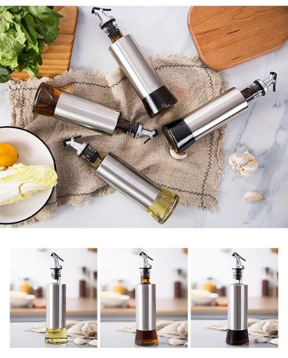 300ml Glass Oil Dispenser Stainless Steel Bottle Kitchen Cooking Oil Vinegar Bottle With Dropper