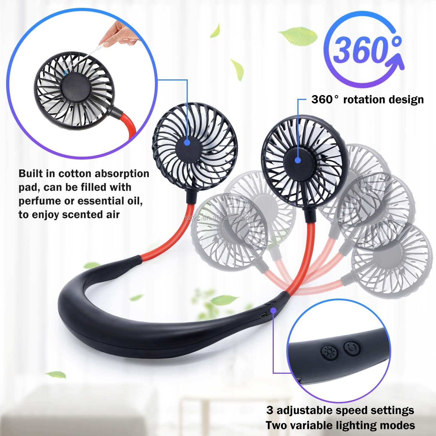 Wearable Cooler Fan with Dual Wind Head for Traveling Outdoor
