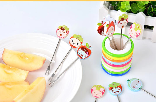 Cute Set of 6 Fruit Forks with Holder Stainless Steel Food Pick Forks for Kids Home (Mix Cartoon)