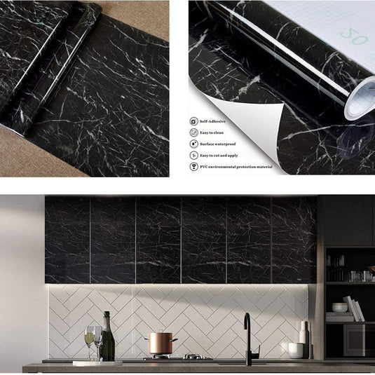 (Pack of 5) Self Adhesive Black Marble Sheet for Kitchen / Waterproof Anti Oil & Heat Resistant Wallpaper Sheet (2 Feet x 6.5 feet)