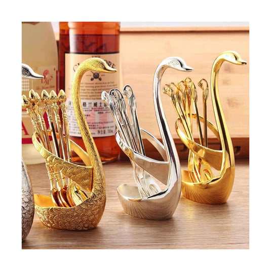 Pack of 6 Stainless Steel Spoon Set with Swan Holder