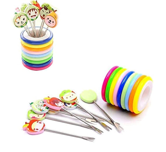 Cute Set of 6 Fruit Forks with Holder Stainless Steel Food Pick Forks for Kids Home (Mix Cartoon)