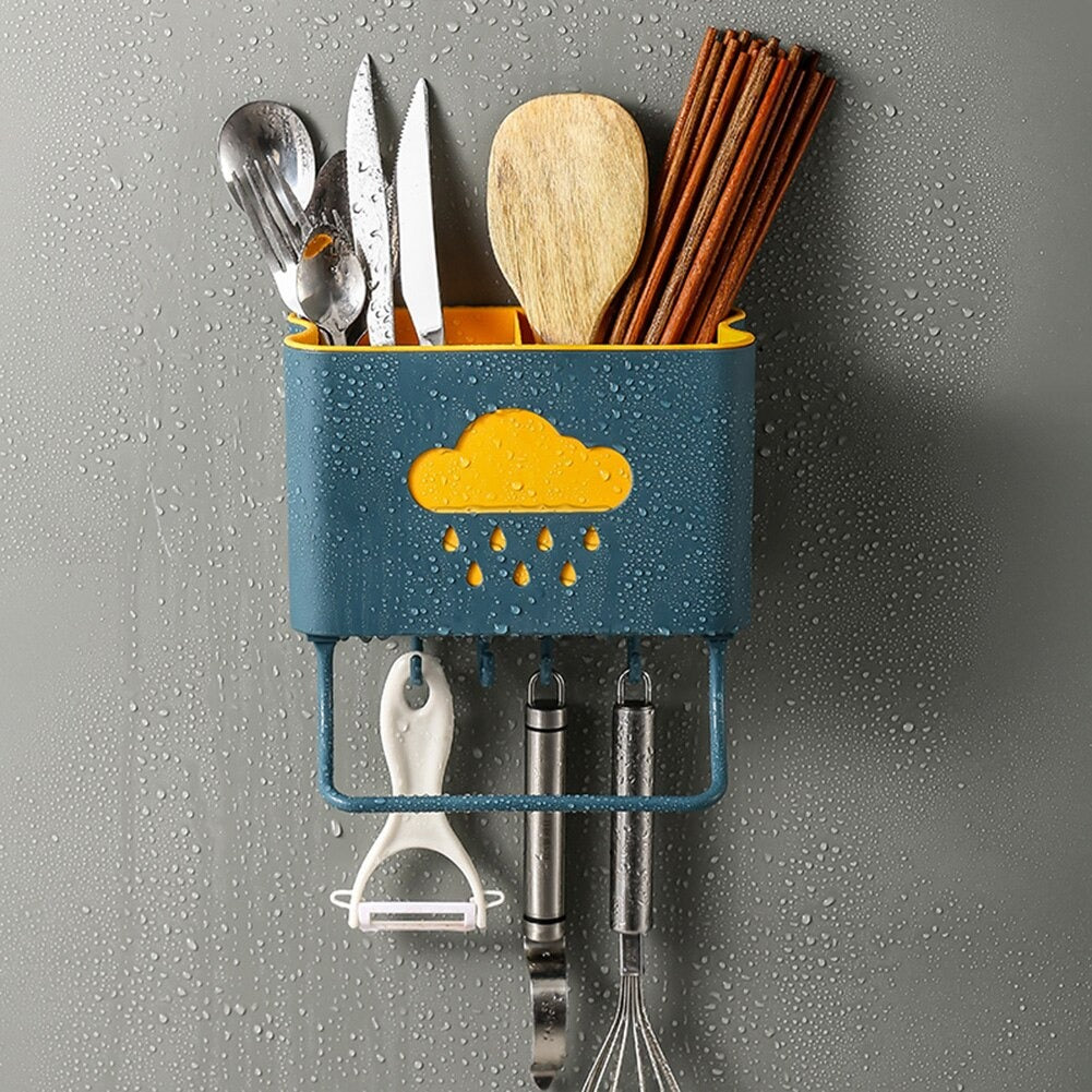Cloud Series Plastic Cutlery Holder for Kitchen Spoon Holder for Kitchen Wall Hanging 4 Hooks with Towel Holder for Kitchen Wall Mounted Self Adhesive - Assorted colours