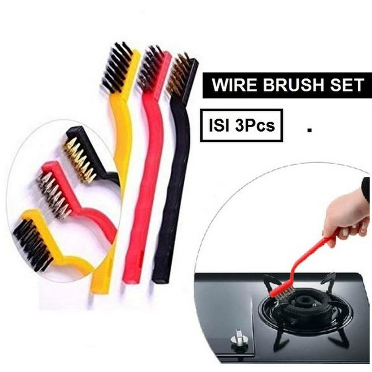 Pack of 3 Mini Wire Brush Set (Brass, Nylon, Stainless Steel Bristles)