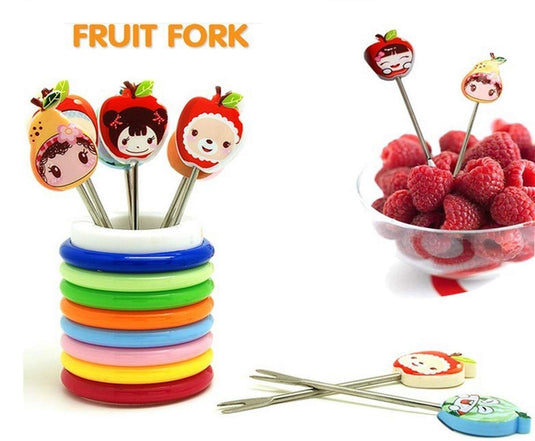 Cute Set of 6 Fruit Forks with Holder Stainless Steel Food Pick Forks for Kids Home (Mix Cartoon)