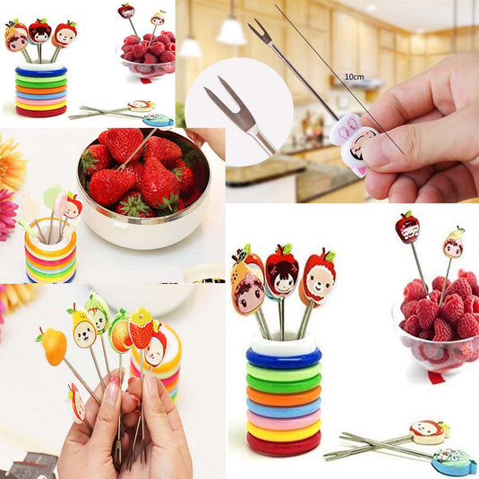 Cute Set of 6 Fruit Forks with Holder Stainless Steel Food Pick Forks for Kids Home (Mix Cartoon)