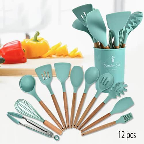 Imported Original Bamboo 12pcs Silicone Utensil Spoon Set With Wooden Handle