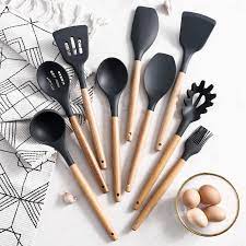 Imported Original Bamboo 12pcs Silicone Utensil Spoon Set With Wooden Handle