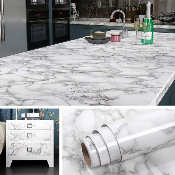 (Pack of 5) Self Adhesive White Marble Sheet for Kitchen / Waterproof Anti Oil & Heat Resistant Wallpaper Sheet (2 Feet x 6.5 feet)